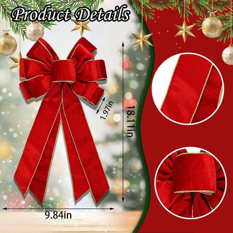 CHMOART Store Christmas Wreath Bow for Front Door Decor, 20 x 11 Inches Large Xmas Farmhouse Bows Golden Trimmed Red Velvet Ribbon Bow Tree Ornament Bow for Wreath Home Decorations - Image 1